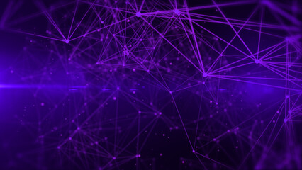 Technology digital purple low poly connection flowing wave with glow lens flare futuristic structure. Big data visualization illustration background.