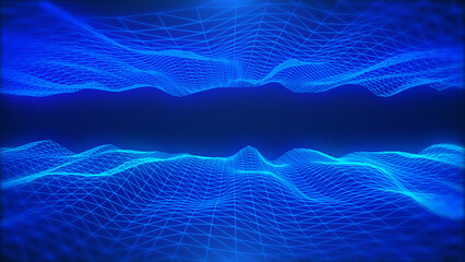 Naklejka na ściany i meble Abstract technology futuristic blue dynamic wave data flowing landscape horizontal tunnel illustration concept background.