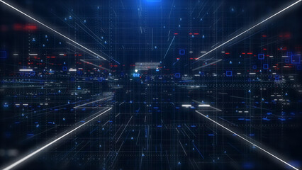 Technology digital futuristic cyberspace data network structure concept background. Blue future scifi transmission line front perspective view background.