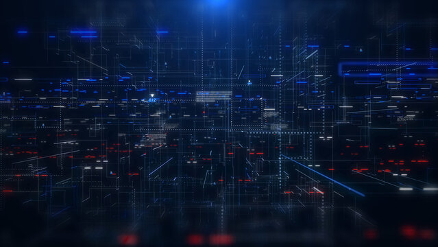 Digital technology big data connection fly through loop. Abstract simple geometric shape with binary number code illustration background.