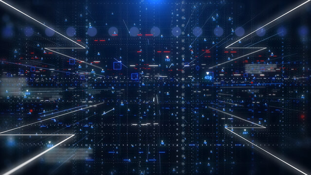 Technology digital futuristic cyberspace data network structure concept background. Blue future scifi transmission line front perspective view background.