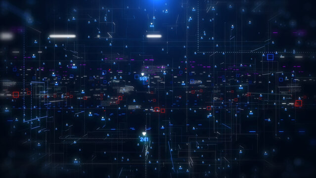 Digital technology big data connection fly through loop. Abstract simple geometric shape with binary number code illustration background.