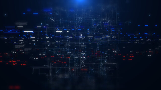 Digital technology big data connection fly through loop. Abstract simple geometric shape with binary number code illustration background.