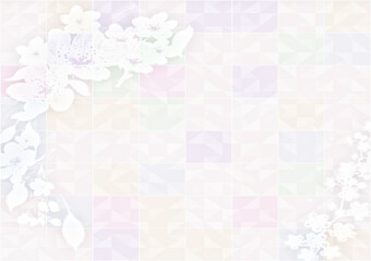 Abstract background with squares in pastel tones and white flowers on the sides as a frame