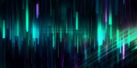 Dynamic Kinetic Green Lights and Lines on Dark Background, Turquoise and Purple Accents, Generative AI