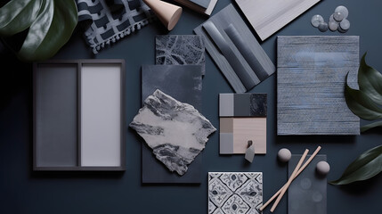 Classic flat lay composition in grey and navy color palette with textile and paint samples, lamella panels, leaves and tiles. Architect and interior designer moodboard. Top view. Copy space.