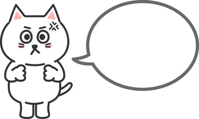 Angry cartoon white cat protesting against someone with a speech bubble, vector illustration.