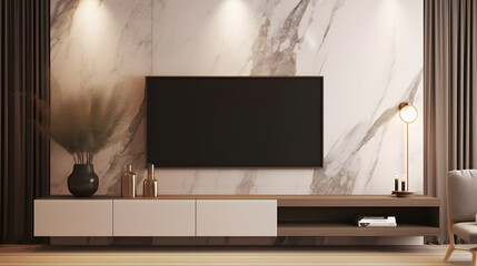 Classic luxury TV wall mock up with lighting. Modern interior of light beige living room with cabinet for tv on marble wall background.