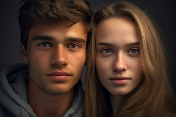 Portrait of a couple, man and woman, who stare into the camera, cheek to cheek. Ai generated.