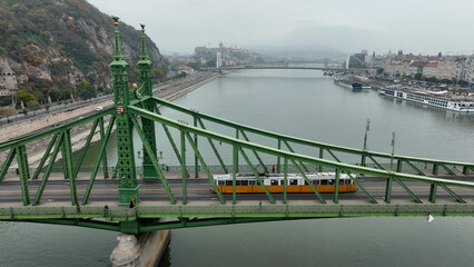 Aerial view of Budapest Szabadsag hid (Liberty Bridge or Freedom Bridge), connects Buda and Pest...