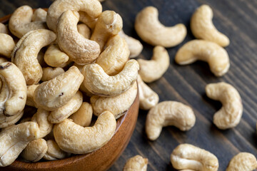 Hard roasted and peeled cashew nuts on the table