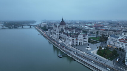 Aerial view of Hungarian Parliament Building, old historic tram and River Danube. Hungary