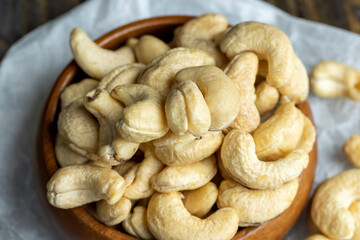 Fresh peeled cashew nuts on the table