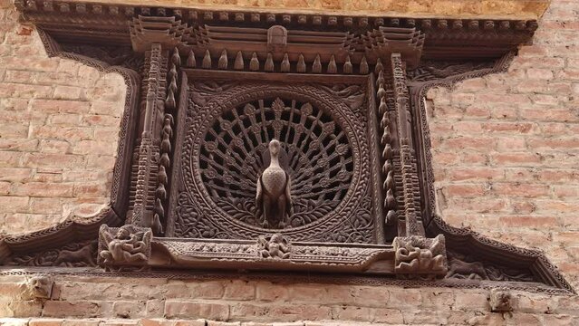 The wood carved Peacock Window off of Dattatraya Square, Bhaktapur, Nepal