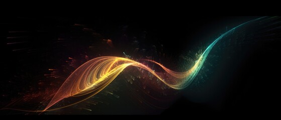 Photo of colorful light wave on black background, abstract art