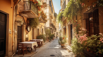 Fototapeta na wymiar cozy little old street in summer in europe . Generative AI