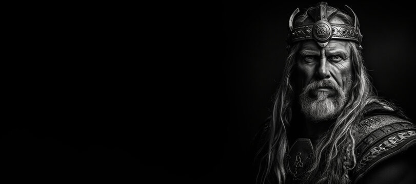 Black and white photorealistic studio portrait of a viking warrior on black background. Generative AI illustration