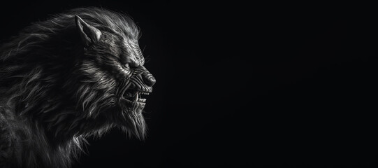 Black and white photorealistic studio portrait of a werewolf on black background