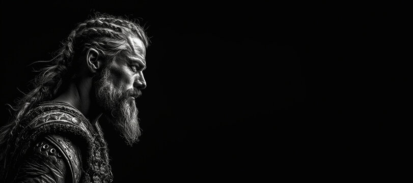 Black and white photorealistic studio portrait of a viking warrior on black background. Generative AI illustration