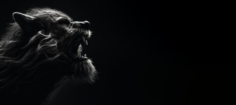 Black and white photorealistic studio portrait of a werewolf on black background. Generative AI illustration