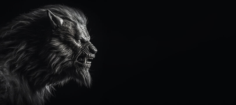 Black and white photorealistic studio portrait of a werewolf on black background