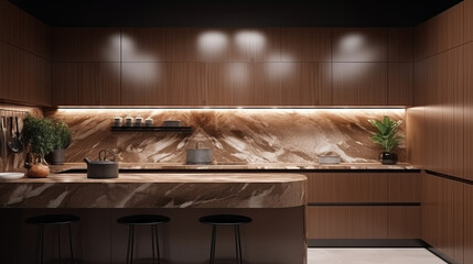 a luxury kitchen with brown marble. Generative AI