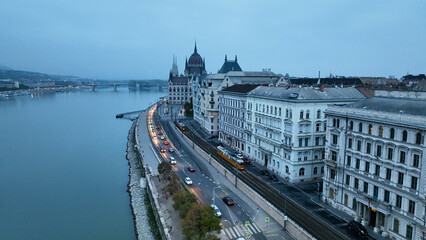 Aerial view of Hungarian Parliament Building, old historic tram and River Danube. Hungary