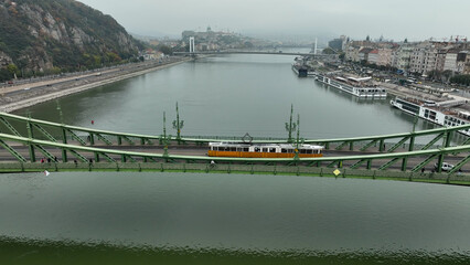 Aerial view of Budapest Szabadsag hid (Liberty Bridge or Freedom Bridge), connects Buda and Pest...