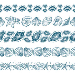 Seamless strip with underwater inhabitants. Hand drawn illustrations of engraved lines. Vector shells, pearls, crabs, crayfish, sea stones