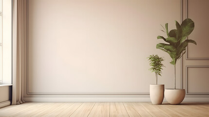 Empty room interior background, beige wall, pot with plant, wooden flooring 3d rendering