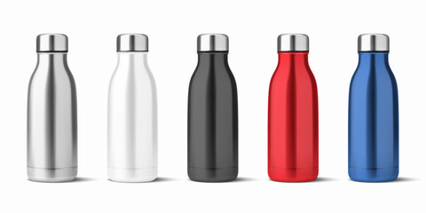 Vector Realistic 3d White, Silver, Black, Red, Blue Empty Glossy Metal Reusable Water Bottle with Silver Bung Set Closeup Isolated. Design template of Packaging Mockup. Front View