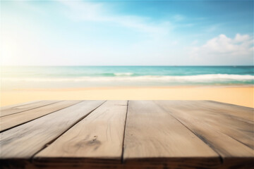 A wooden table product display with a summer vacation, holiday background of a tropical beach and blue sea and sky. AI generated content