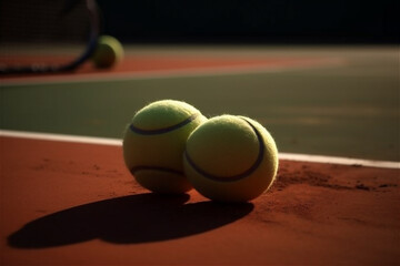 Tennis game. Tennis balls laying on a tennis court. Sport, recreation concept. AI generated content