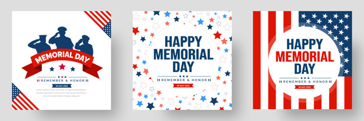 Memorial Day social media post banner set, Background or typography design set. Remember and Honor. National American holiday illustration. Vector Memorial day greeting card or background design.