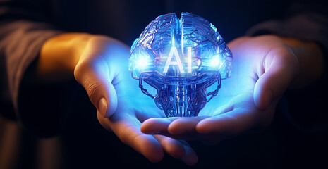 a man holding a digital brain representing AI, generative ai