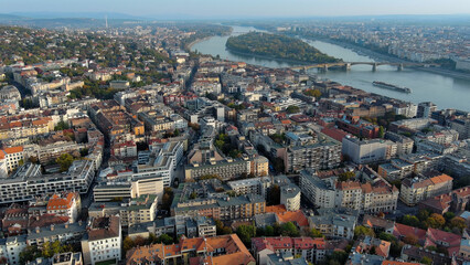 Obraz premium Budapest city sunrise skyline, aerial view. Danube river, Buda side, Hungary