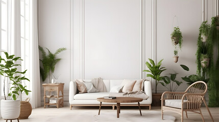 farmhouse interior living room, empty wall mockup in white room with wooden furniture and lots of green plants - obrazy, fototapety, plakaty