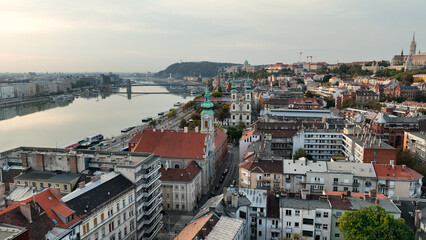 Aerial view of Budapest city skyline, Saint Anne Parish of Upper Watertown (Felsovizivarosi Szent...