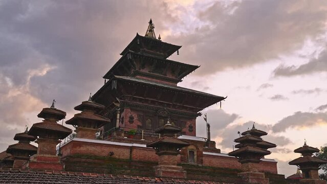 Parallax movement of Taleju Bhawani Temple during a picturesque sunset, located in Durbar Square of Kathmandu, Nepal