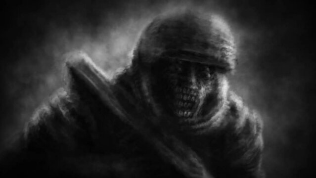 Soldier of future fights evil alien monsters. 2D animation in scifi genre. Battle on alien planet. Creepy animated backdrop movie. Motion graphics for Vj and music clips. Black and white background.