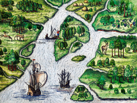 Port Royal, South Carolina illustration from Grand voyages (1596) by Theodor de Bry (1528-1598).
