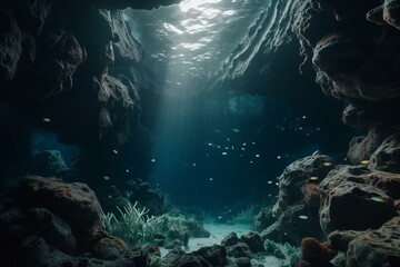 Abstract underwater cave with dark terrain and ocean backgrounds for design. Generative AI