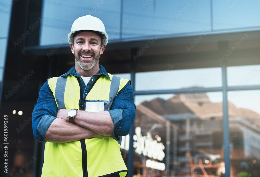 Poster engineering, arms crossed and architecture with portrait of man in city for planning, designer or in