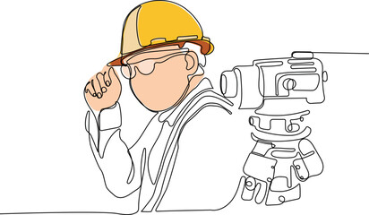 Close up of Caucasian worker with helmet on head using tablet for work while standing in warehouse. Surveyor with a tripod icon. Geodesic tripod. Vector illustration