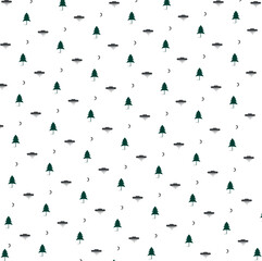 The background is filled with alternating flying saucers, trees and a crescent moons.