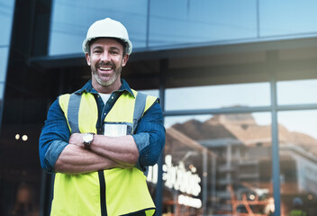 Fototapeta na wymiar Engineering, arms crossed and architecture with portrait of man in city for planning, designer or industry. Building, project management or infrastructure with male contractor on construction site
