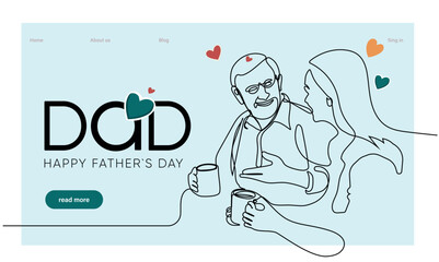 One continuous line drawing banner, background, poster with family embrace. Happy Father Day simple vector illustration of child and father. Vector illustration