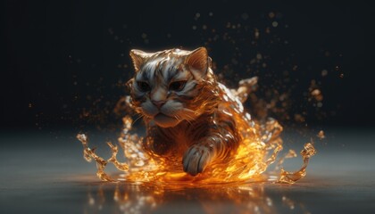 Animal figures in water, with fire or water effect, lion figure. Kitten and baby lion. Generative Ai
