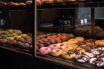 Display of delicious pastries with assorted glazed donuts in shop counter. Various donuts on shelf in Bakery Generative AI