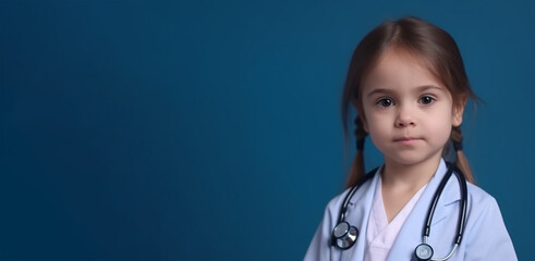 a smiling girl child dressed as a doctor's soft solid dark blue white background generative ai